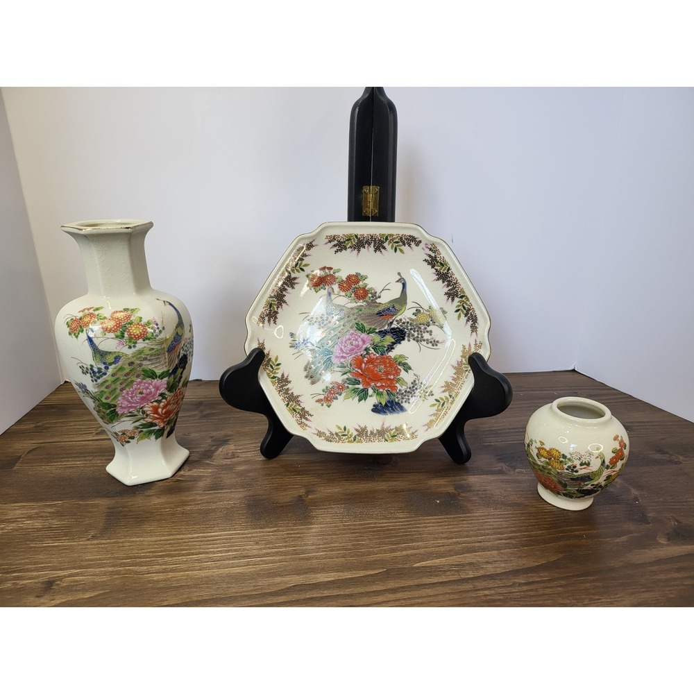 Vintage Japanese Satsuma Peacock Ceramic Inarco Vase Yamaji Plate Sato Gordon